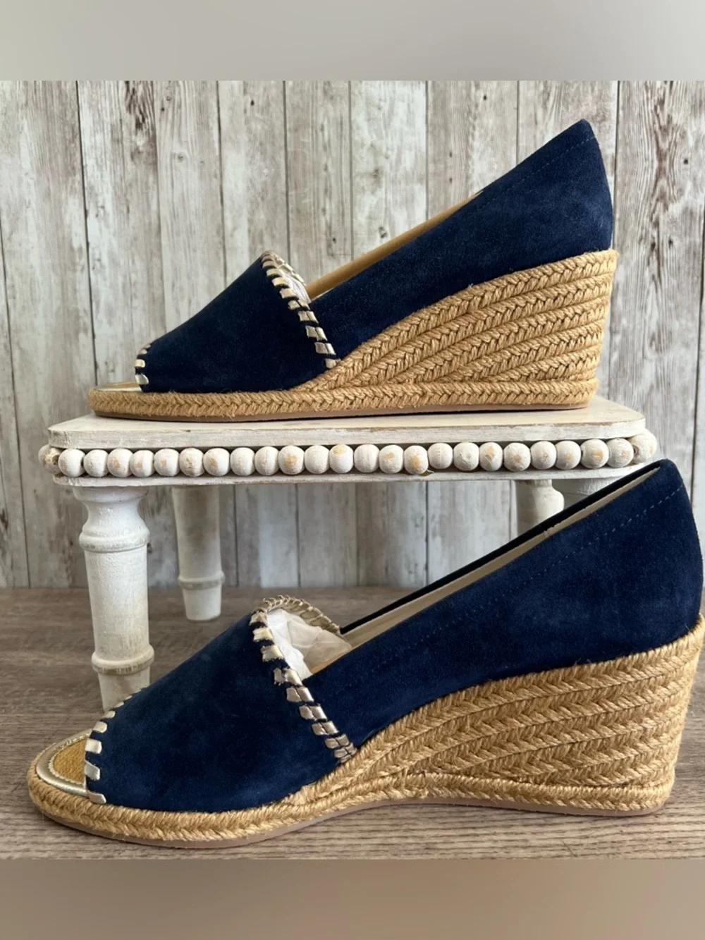 Jack Rogers Navy Gold Espadrille Wedge Peep-Toe Preppy Nautical Cape Size 9
